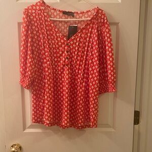 Fred David Red Printed V-Neck Blouse with Button Placket